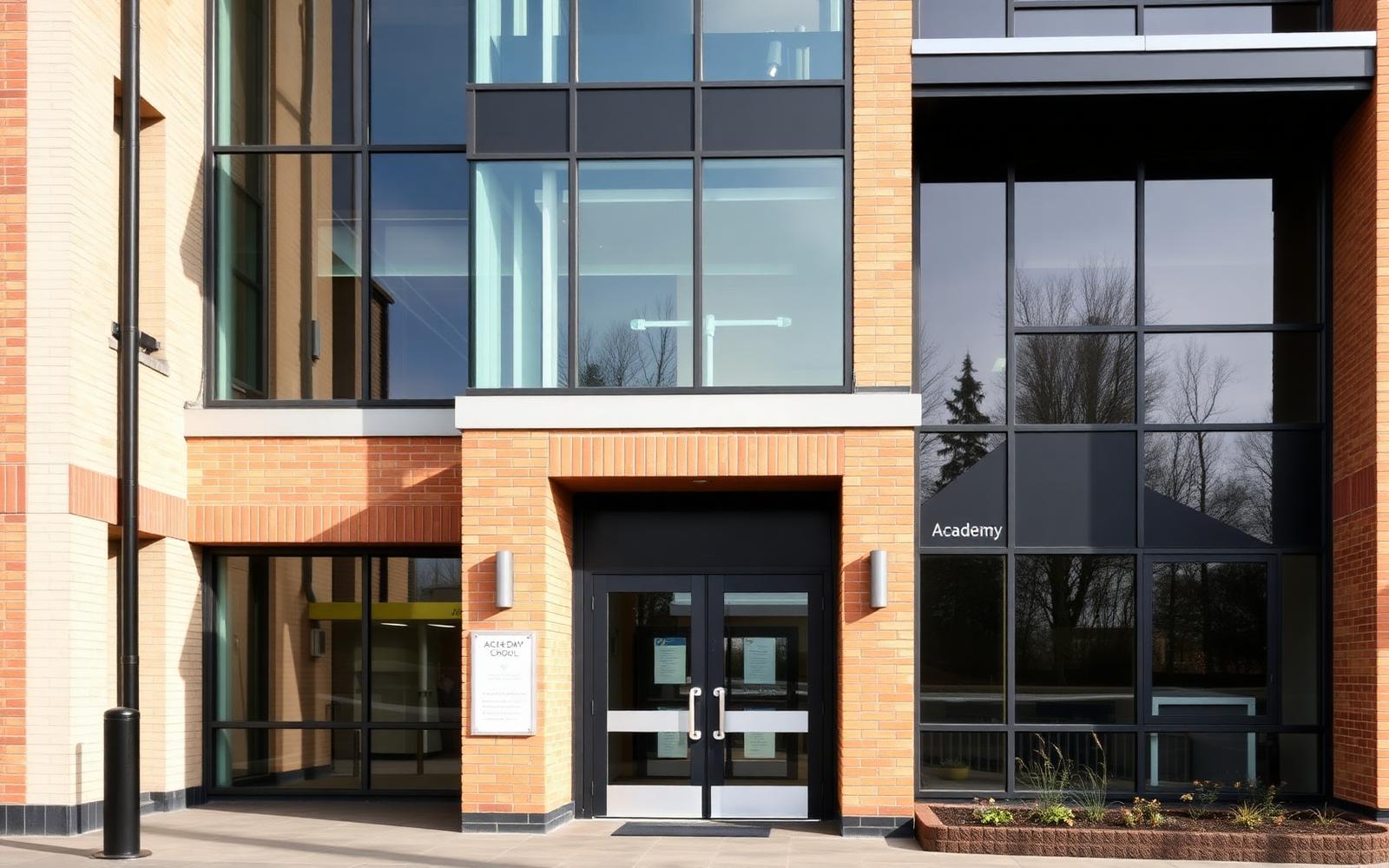 Exterior of a contemporary UK academy building with brick and glass facade