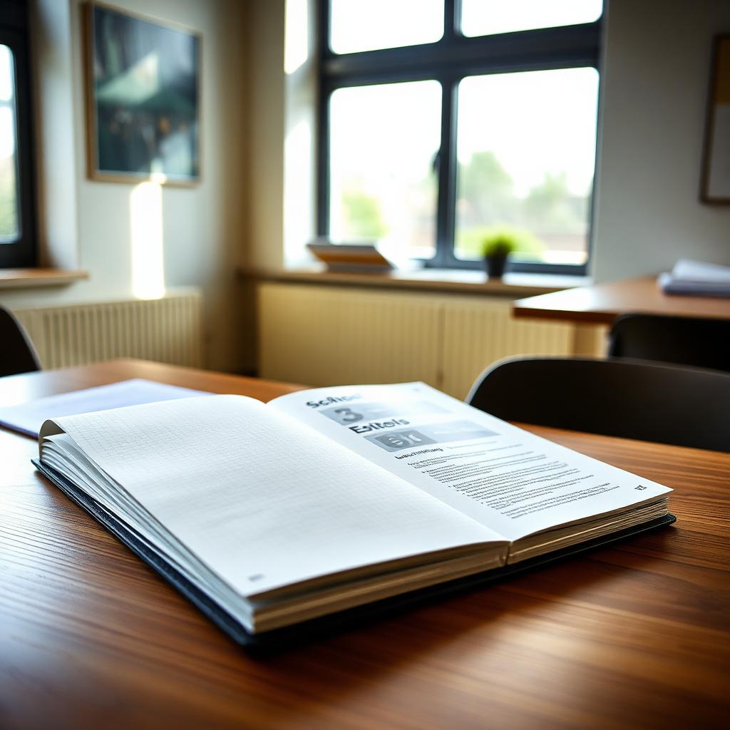 Open notebook and a school estates planning document on a desk in a UK school office