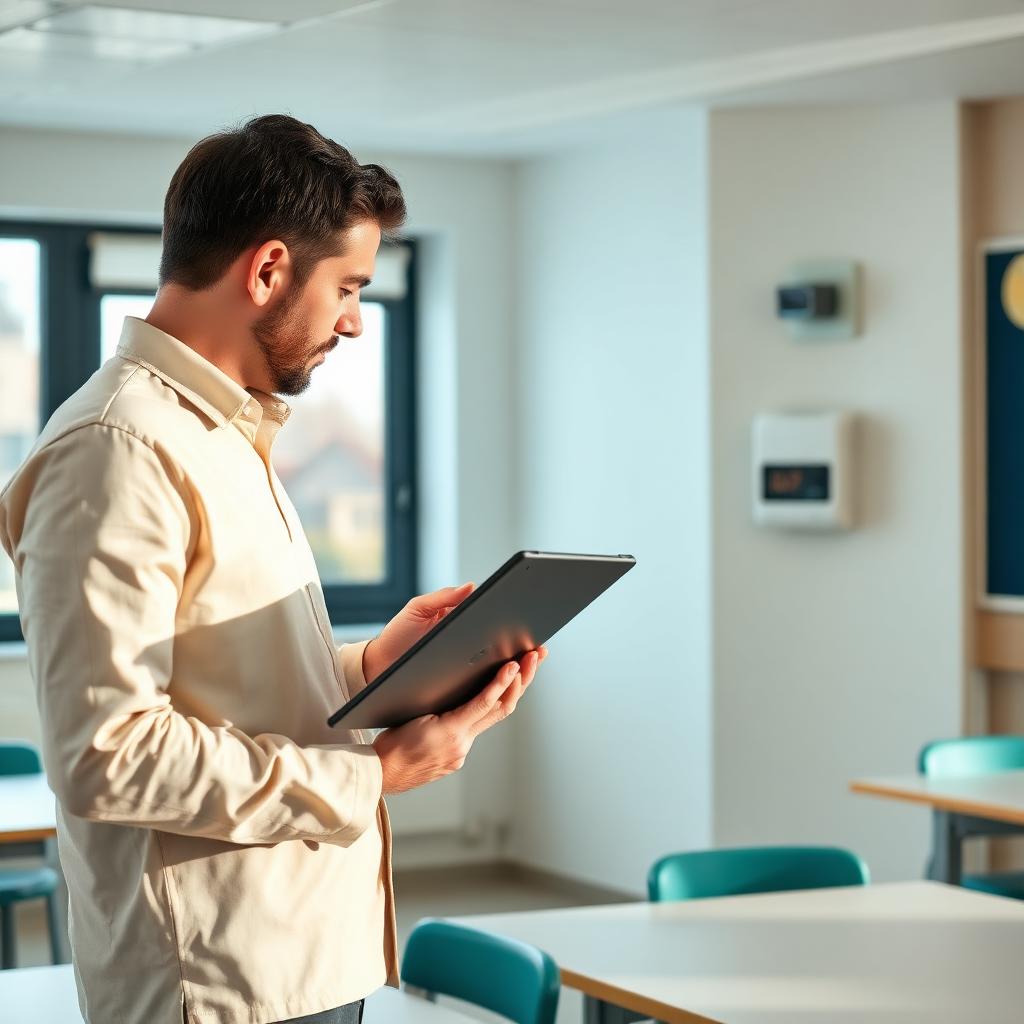 UK indoor air quality consultant inspecting a wall-mounted air quality monitor in a daylit classroom