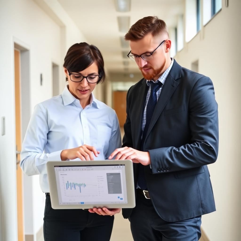 School environmental consultant and a UK school estates manager reviewing building monitoring data on a laptop