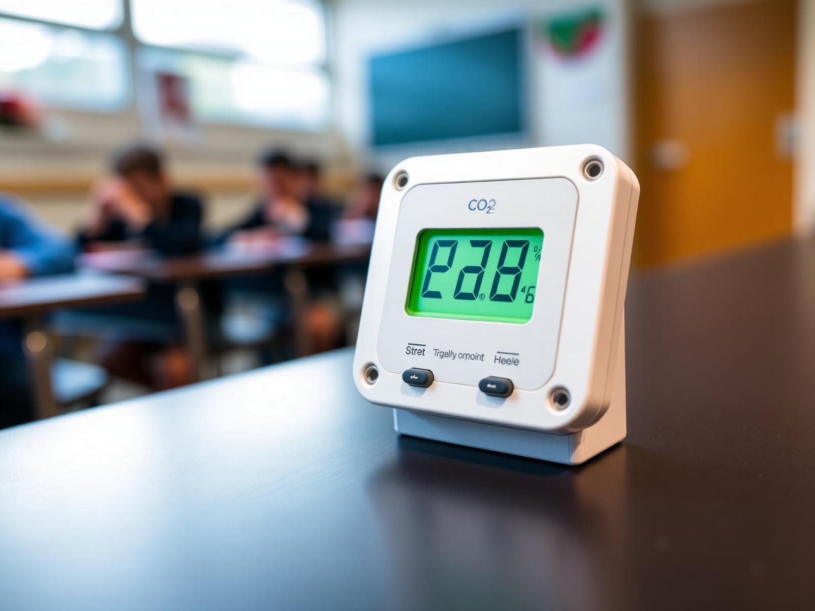 Classroom CO₂ and air quality sensor on a desk