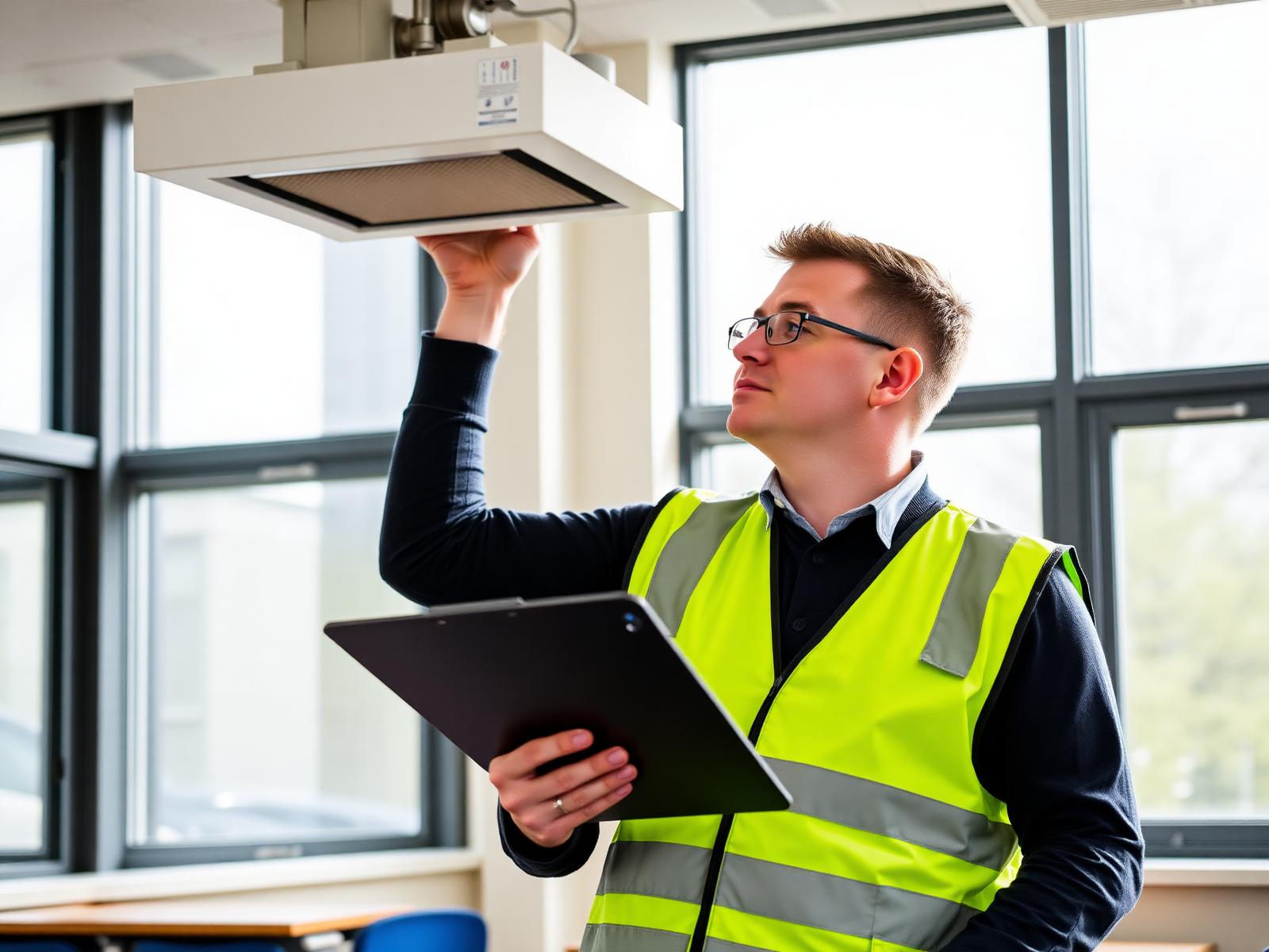 Facilities specialist inspecting ventilation in a UK school classroom