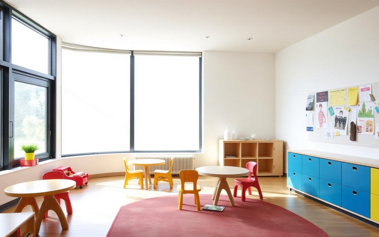 Bright UK nursery playroom with low child-height tables, soft daylight and clean, uncluttered finishes