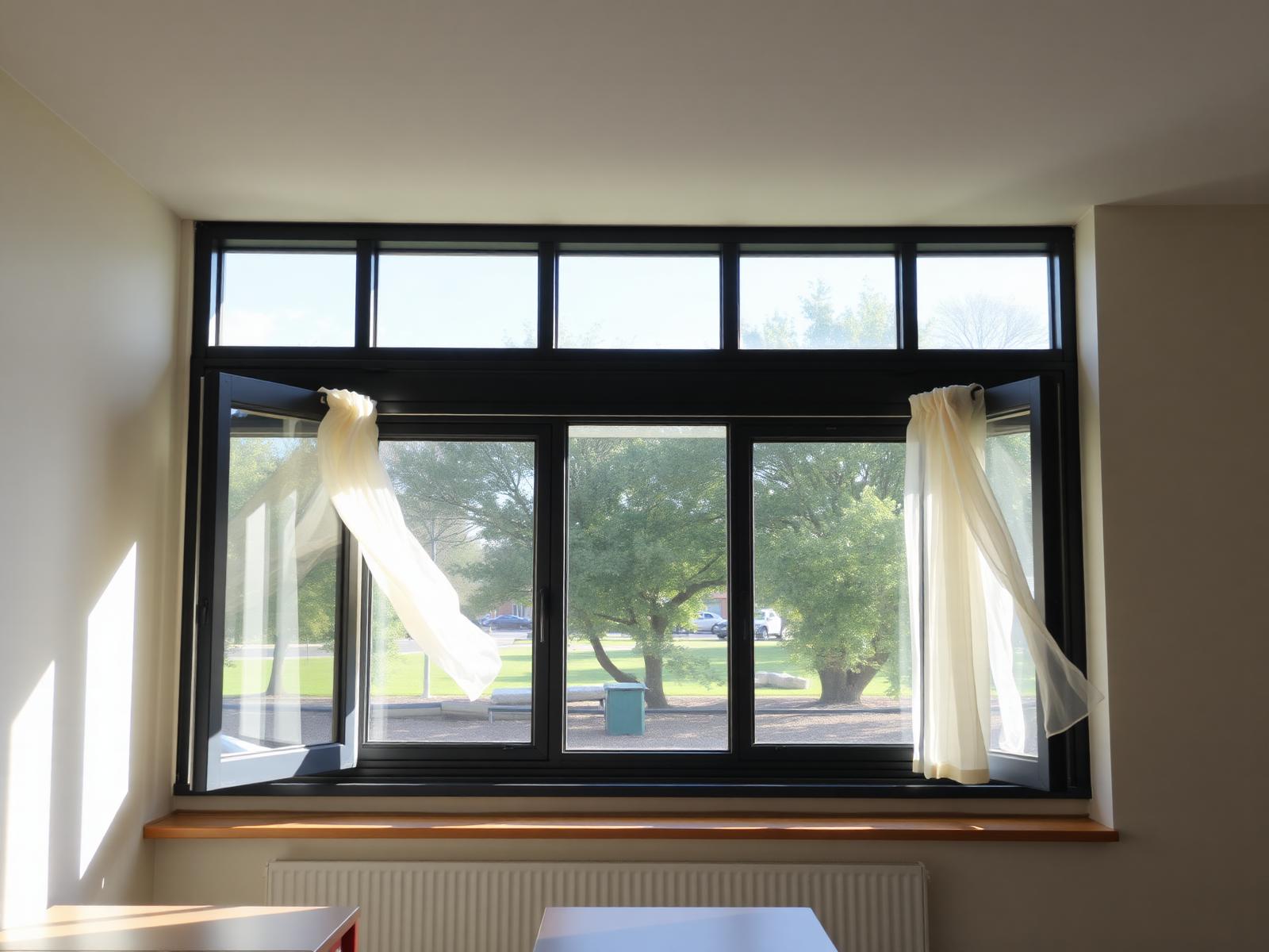 Condensation forming at the edge of a school window in cold weather