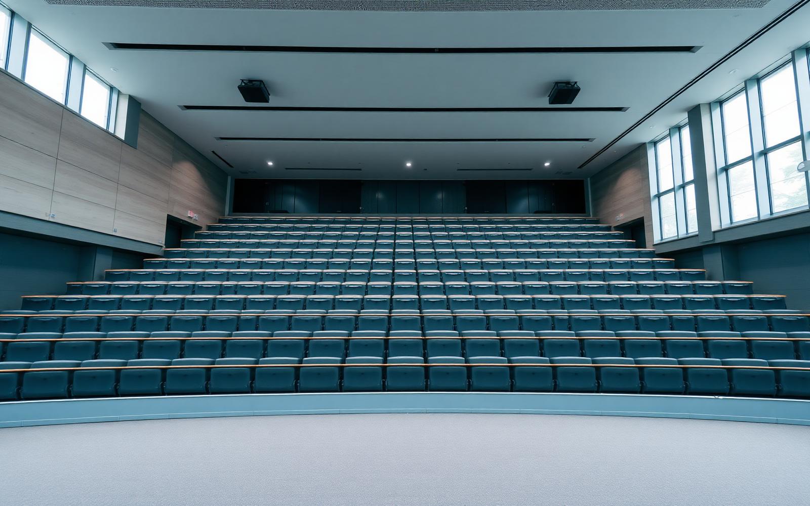 Empty modern university lecture theatre with tiered seating and large daylit windows